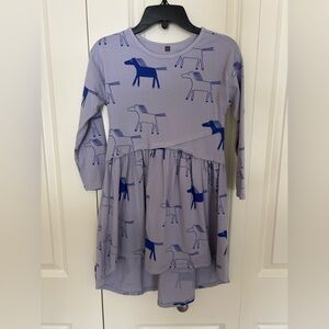 Tea Collection Blue Horse Pony Print Long Sleeve Flowy Hi-low Dress Girl’s Sz 7